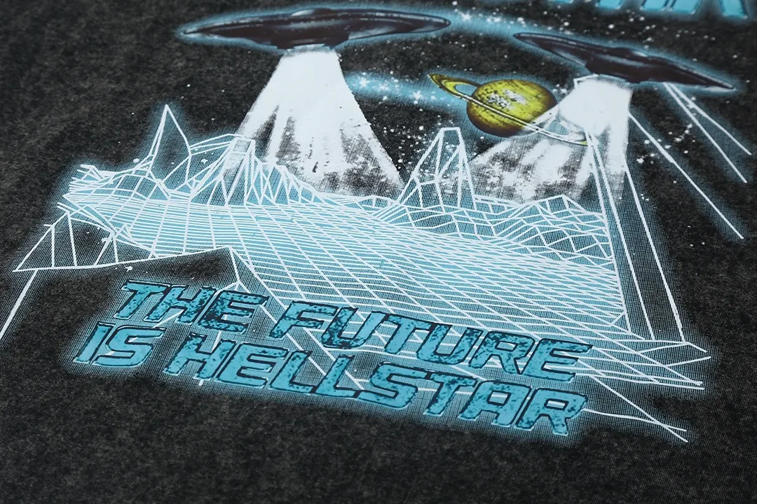 7705# P124 Washed Hellstar Hellstar ins same style retro printed tops for men and women, casual and trendy pure cotton washed short-sleeved T-shirt Color: Black Size: S M L XL
