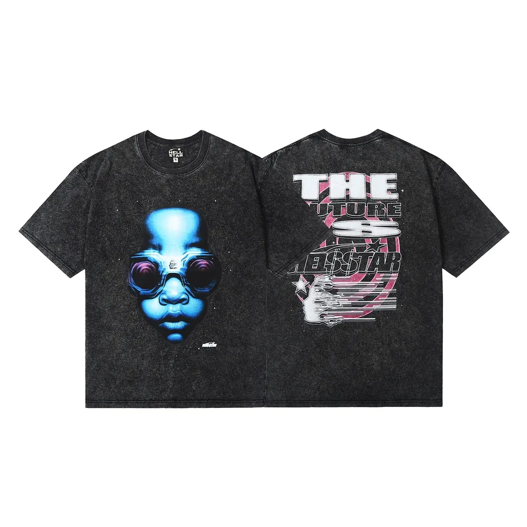 7708# P124 Washed Hellstar Hellstar ins same style retro printed tops for men and women, casual and trendy pure cotton washed short-sleeved T-shirt Color: Black Size: S M L XL