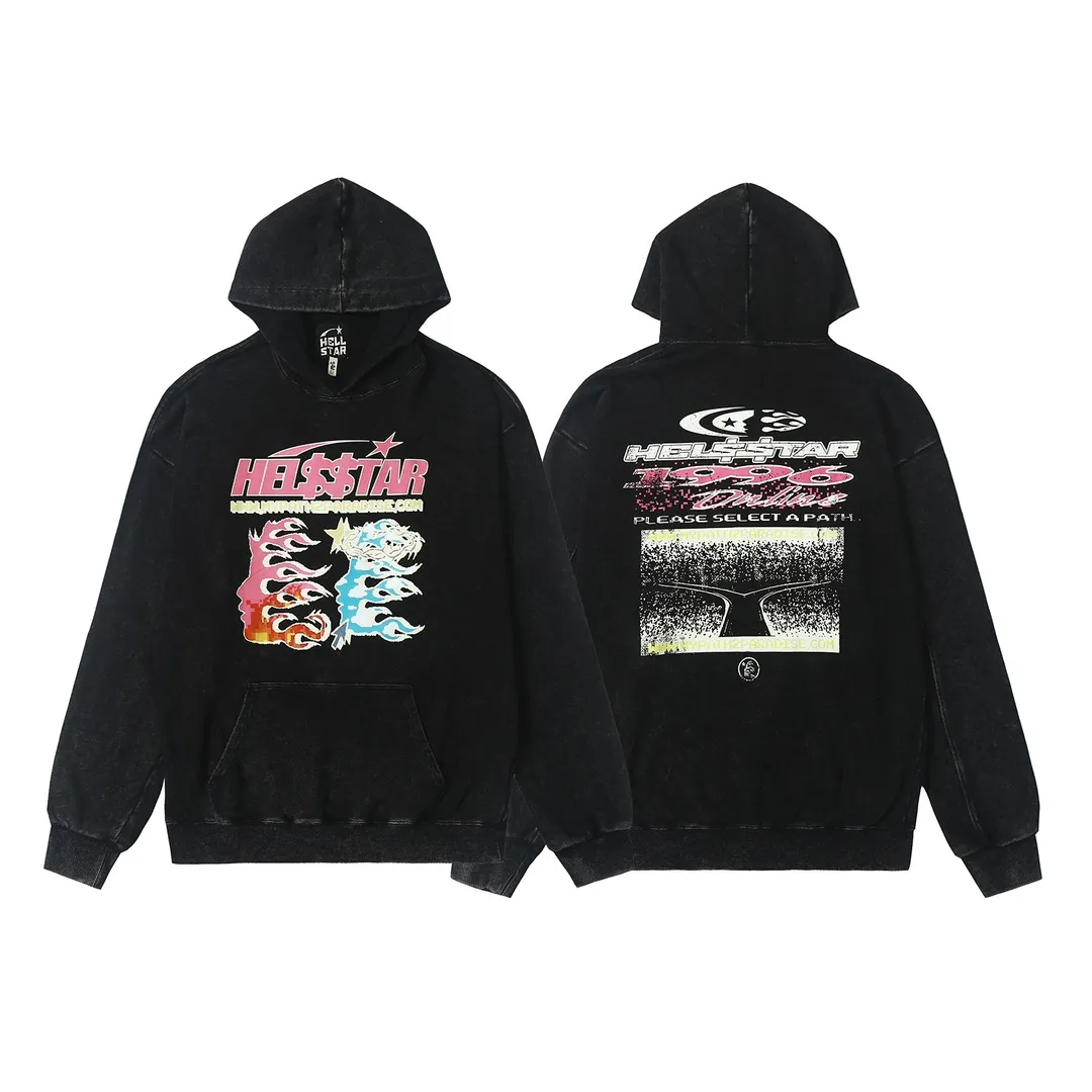 3301# P212 wash water ins American niche trendy brand Hell Star letter print high street men and women loose hooded pullover distressed sweatshirt Color: Black Size: S M L XL