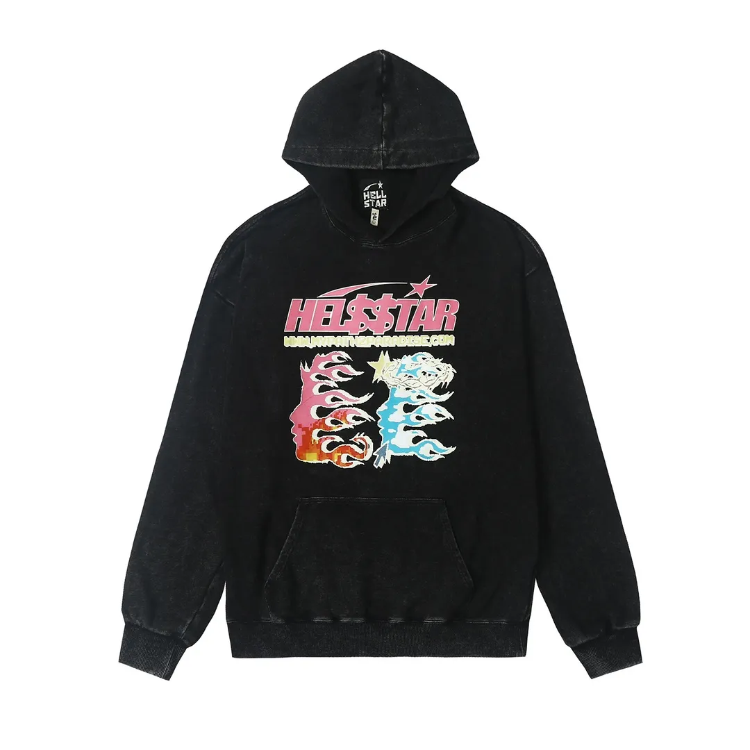 3301# P212 wash water ins American niche trendy brand Hell Star letter print high street men and women loose hooded pullover distressed sweatshirt Color: Black Size: S M L XL