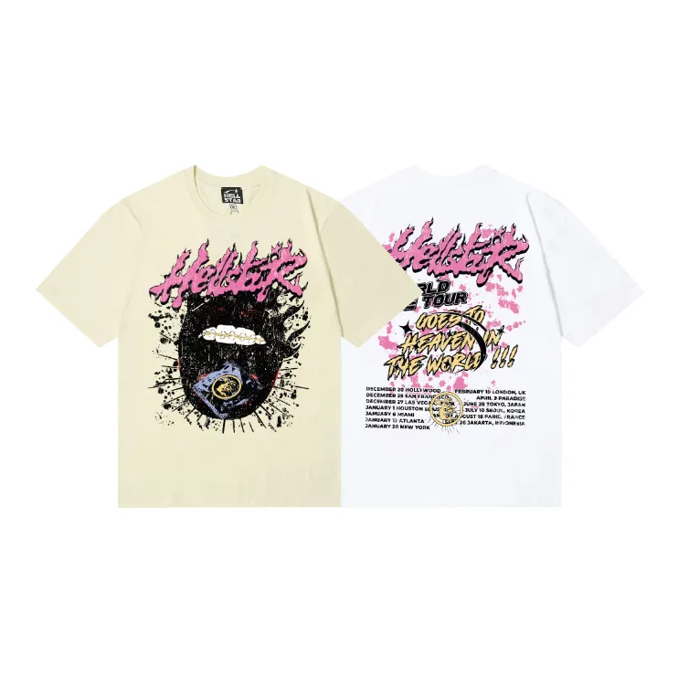 6774# P116 Hellstar American fashion high street pure cotton loose short-sleeved T-shirt Color: white apricot Size: S M L XL