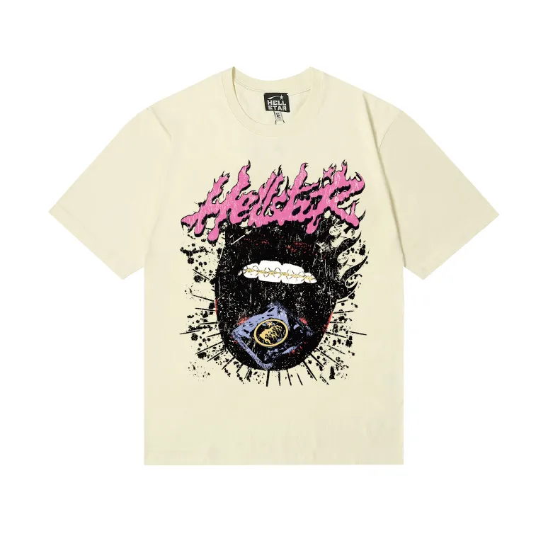 6774# P116 Hellstar American fashion high street pure cotton loose short-sleeved T-shirt Color: white apricot Size: S M L XL