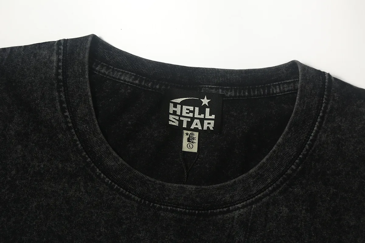 7723# P124 Washed Hellstar Hellstar ins same style retro printed tops for men and women, casual and trendy pure cotton washed short-sleeved T-shirt Color: Black Size: S M L XL