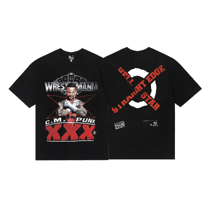 6791# P116 Hellstar Hellstar Wrestler Portrait Letter Printed Combed Cotton Men’s and Women’s Short Sleeve Couple T-shirt Color: Black Size: S M L XL