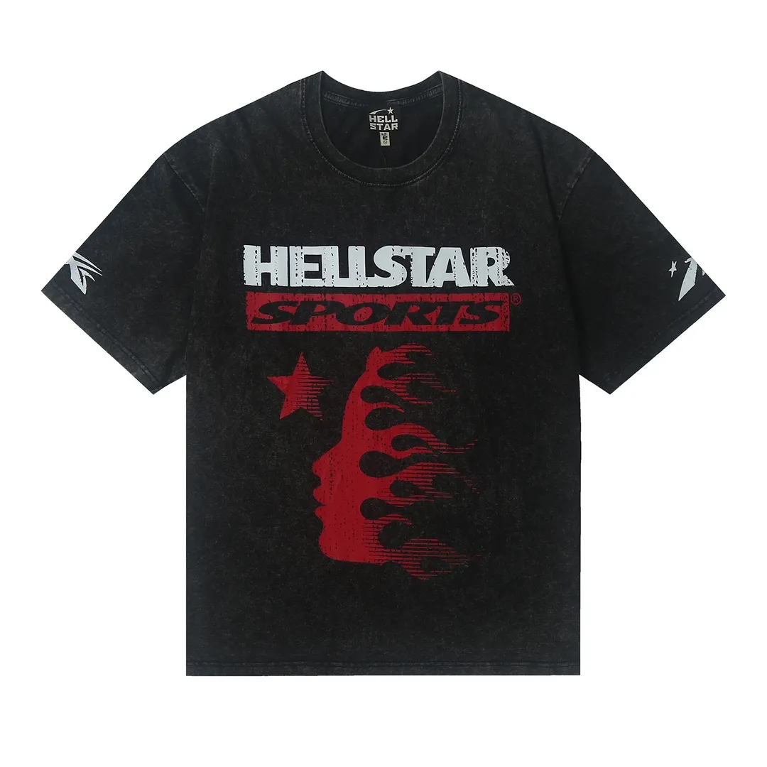 7702# P124 Washed Hellstar Hellstar ins same style retro printed tops for men and women, casual and trendy pure cotton washed short-sleeved T-shirt Color: Black Size: S M L XL