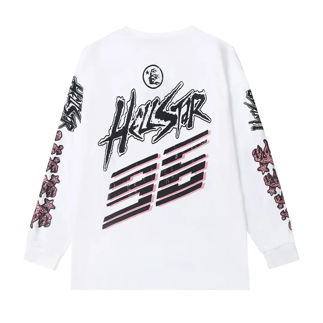 5501# P136 ins The same European and American trendy Hell Star letter print lightning high street men and women hip-hop loose long-sleeved T-shirt Color: White Size: S M L XL