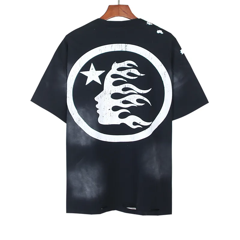 P130 Washed Black + Frayed Real Shots Hellstar Washed Frayed Beauty Trendy Printed Short Sleeve T-shirt Fabric: 265g 32 count fine cotton double yarn pure cotton Color: Washed Black Size: S M L XL