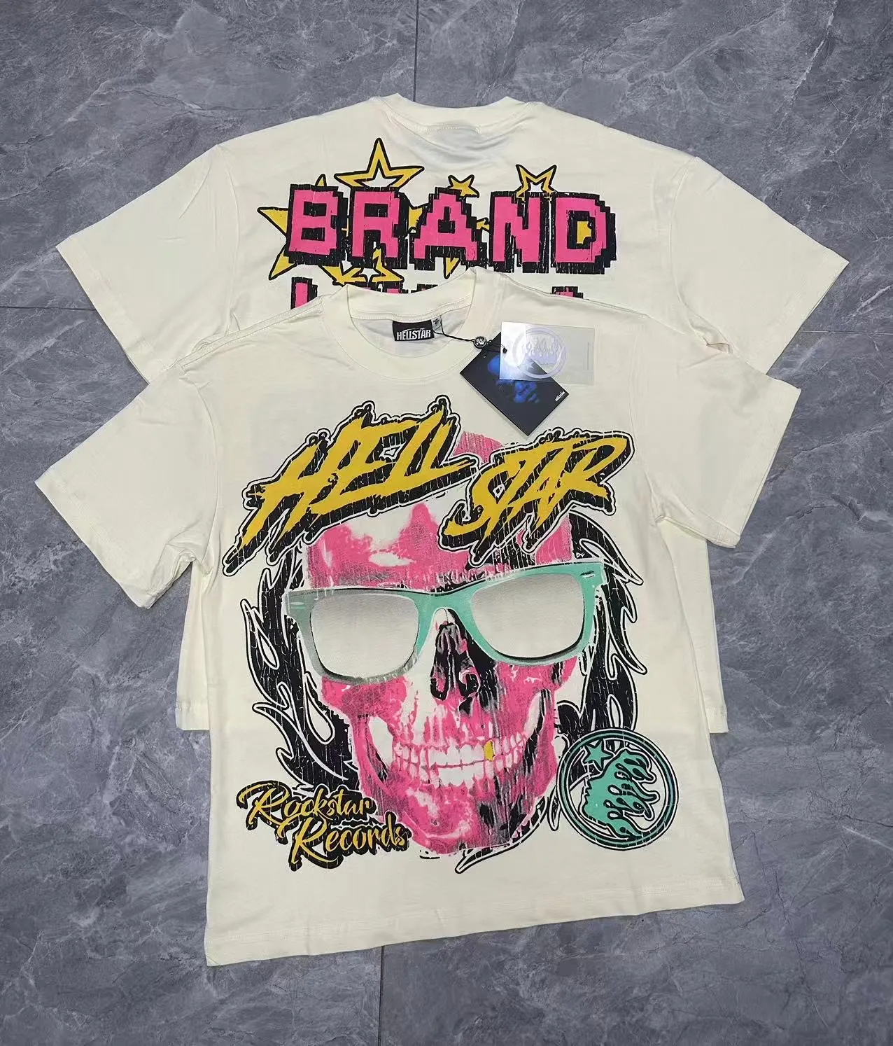 P108 Real-stock Hellstar Cross-border European and American style, street fashion brand pure cotton T-shirt Fabric (fabric): 32 counts of 240g heavy combed double yarn pure cotton Size (size): S-M- L- X L Color (colour): white, apricot