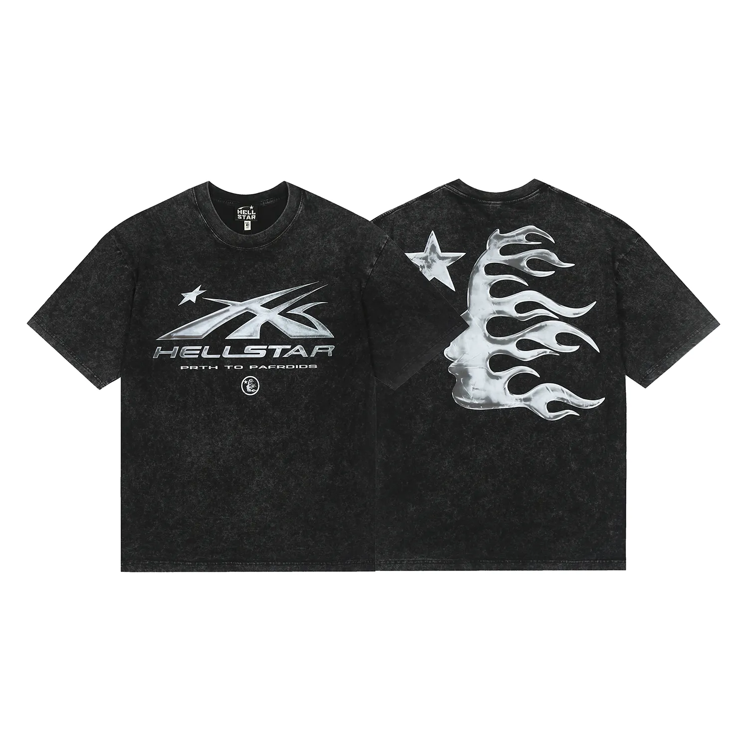 7725# P124 Washed Hellstar Hellstar ins same style retro printed tops for men and women, casual and trendy pure cotton washed short-sleeved T-shirt Color: Black Size: S M L XL