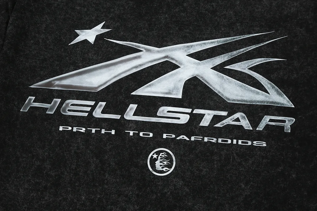 7725# P124 Washed Hellstar Hellstar ins same style retro printed tops for men and women, casual and trendy pure cotton washed short-sleeved T-shirt Color: Black Size: S M L XL