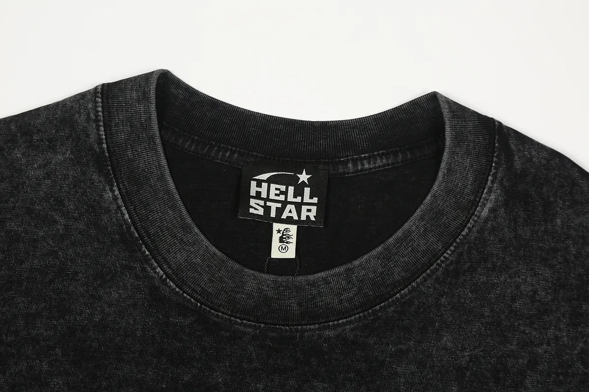 7725# P124 Washed Hellstar Hellstar ins same style retro printed tops for men and women, casual and trendy pure cotton washed short-sleeved T-shirt Color: Black Size: S M L XL