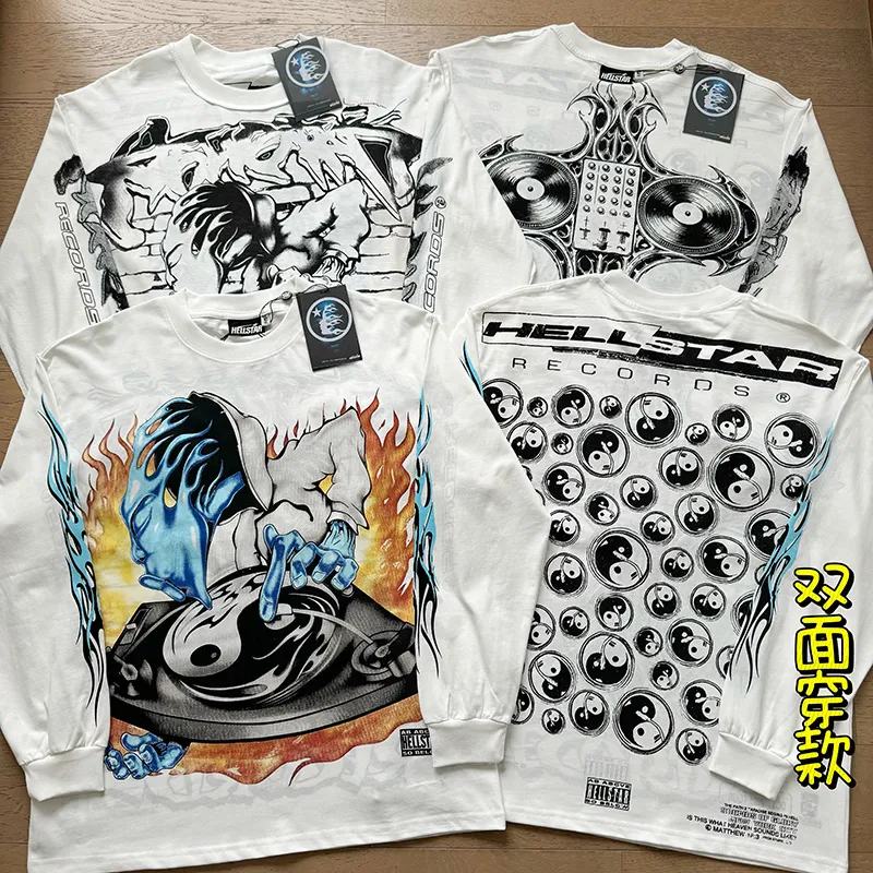 P160 Reversible Real Shots Hellstar Hellstar Beauty Reversible Pure Cotton Loose Bottoming Long Sleeve T-Shirt Long T Fabric: 270g 32 Count Fine Cotton Double Yarn Pure Cotton Color: White Reversible Size: S M L XL