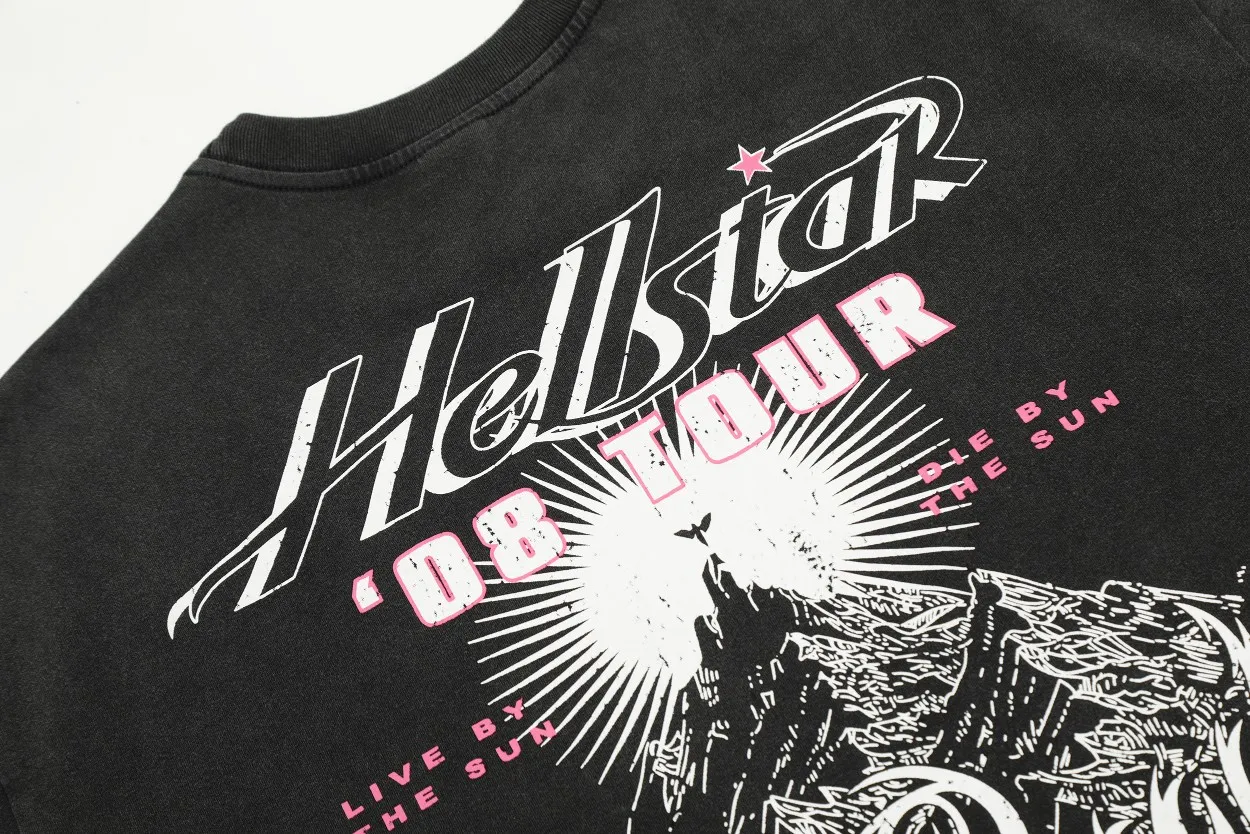 P126 Hellstar Studios Vintage PATH TO PARADISE 08 T-SHIRT SUMMA SAGA Hellstar Smiling Earth Washed and Distressed Short-Sleeved T-shirt The new hot beauty trend Hellstar!  Standard beauty and trendy workmanship, original customization (fabric, pattern, printing, hang tag, main mark, etc.), exaggerated style, explosive style, dare to break through tradition, bring adventurous new fashion experience!  YoungBoy, the most popular rapper in the youth circle, has shot a lot of models for him, and celebrities such as Dababy and Swae Lee frequently get dressed!  color: Vintage Black (washed black) size: S, M, L, XL
