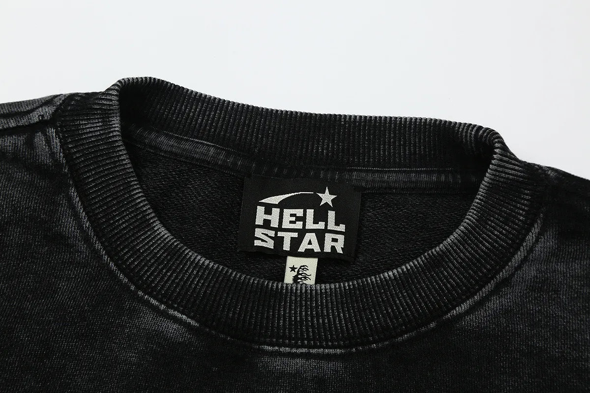 2208# P176 Washed European and American trendy brand Hellstar Washed and aged American men and women couples casual loose round neck pocketless pullover sweatshirt Color: Black Size: S M L XL