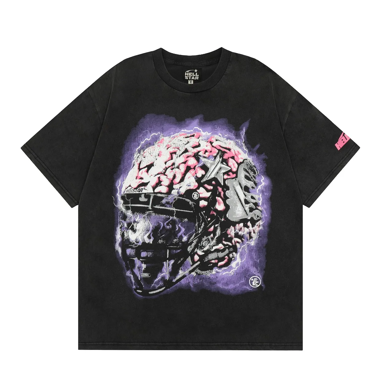 P134 Hellstar Studios Brain Helmet Short Sleeve Tee Shirt Black short-sleeved T-shirt The new hot beauty trend Hellstar!  Standard beauty and trendy workmanship, original customization (fabric, pattern, printing, hang tag, main mark, etc.), exaggerated style, explosive style, dare to break through tradition, bring adventurous new fashion experience!  YoungBoy, the most popular rapper in the youth circle, has shot a lot of models for him, and celebrities such as Dababy and Swae Lee frequently get dressed!  color: Vintage Black (washed black) size: S, M, L, XL
