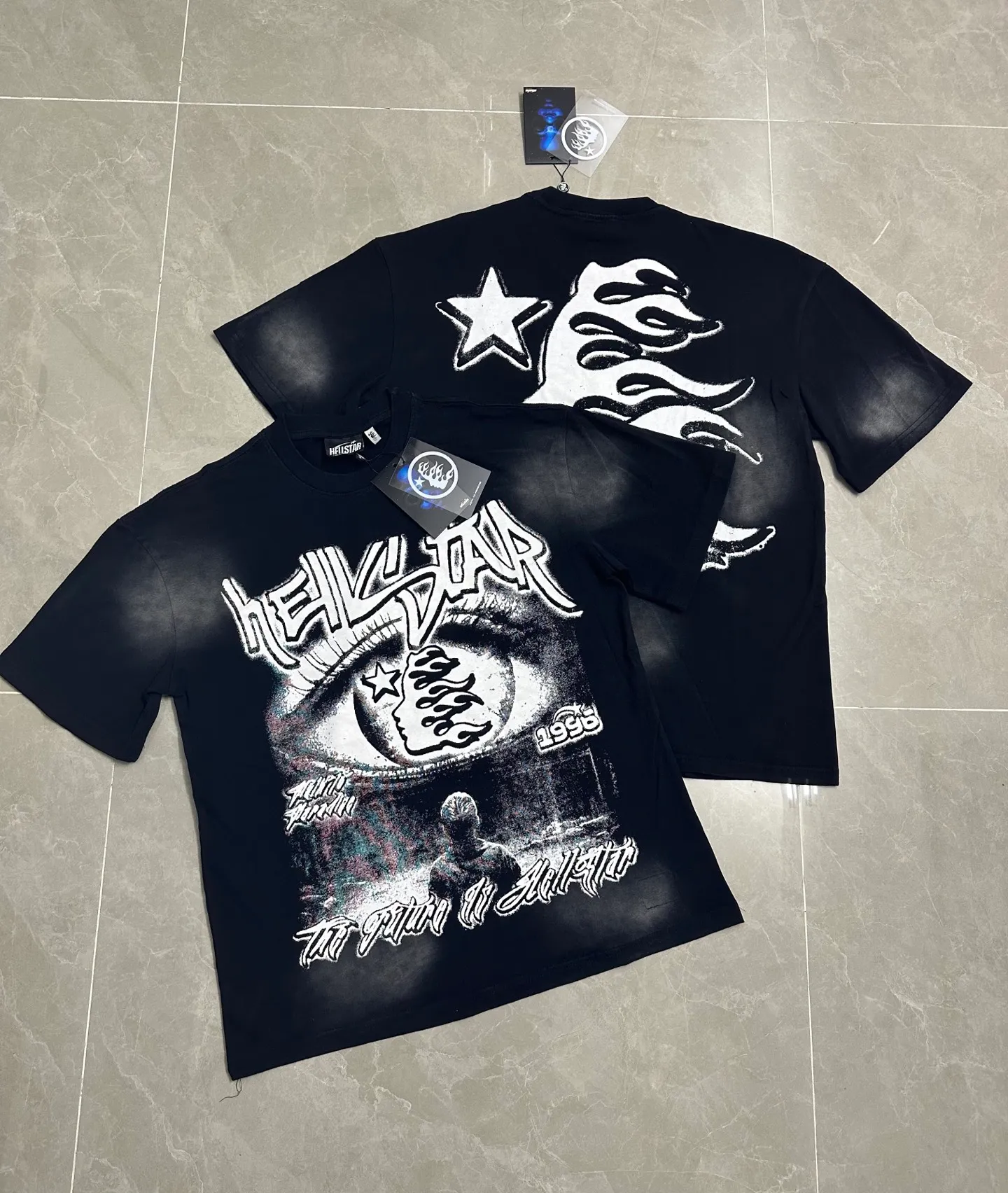 P124 838## Washed black spray Ma Liu I Hellstar Cross-border European and American style street fashion brand pure cotton T-shirt Fabric (fabric): 32 counts 250g washed combed double yarn pure cotton Size (size): S-M- L- X L Color (colour): Washed black (spray Ma Liu)