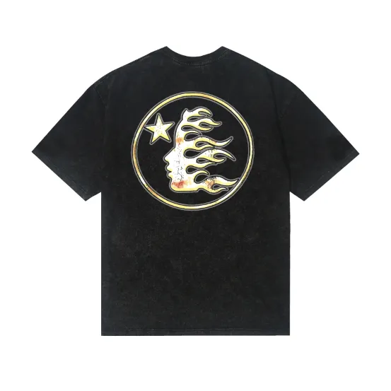 7734# P124 Washed Hellstar Hellstar ins same style retro printed tops for men and women, casual and trendy pure cotton washed short-sleeved T-shirt Color: Black Size: S M L XL