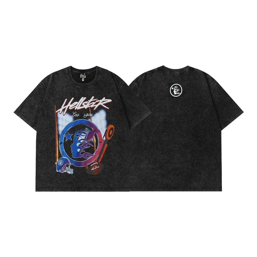 7711# P118 Washed Hellstar Hellstar ins same style retro printed tops for men and women, casual and trendy pure cotton washed short-sleeved T-shirt Color: Black Size: S M L XL