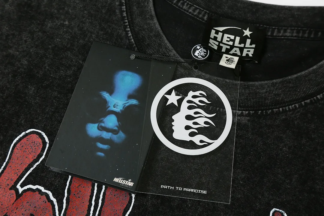 7712# P124 Washed Hellstar Hellstar ins same style retro printed tops for men and women, casual and trendy pure cotton washed short-sleeved T-shirt Color: Black Size: S M L XL