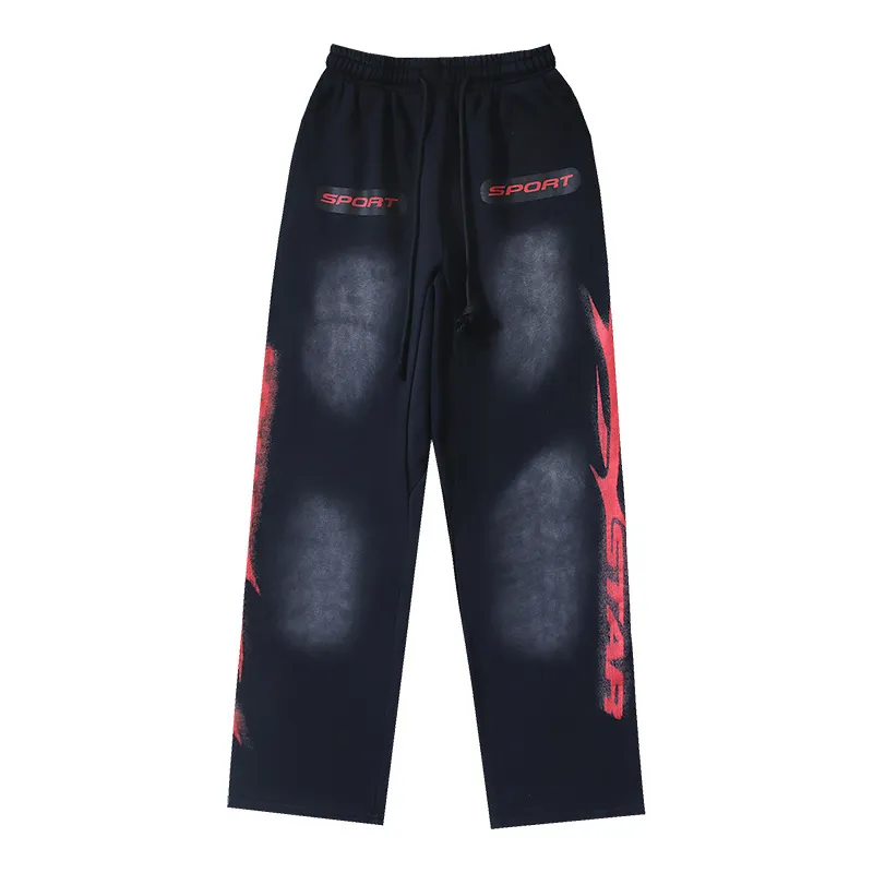 P206 Washed black Real shot Hellstar Washed distressed terry high street retro sweatpants Fabric 380g pure cotton terry cloth Color: Washed black Size: S M L XL