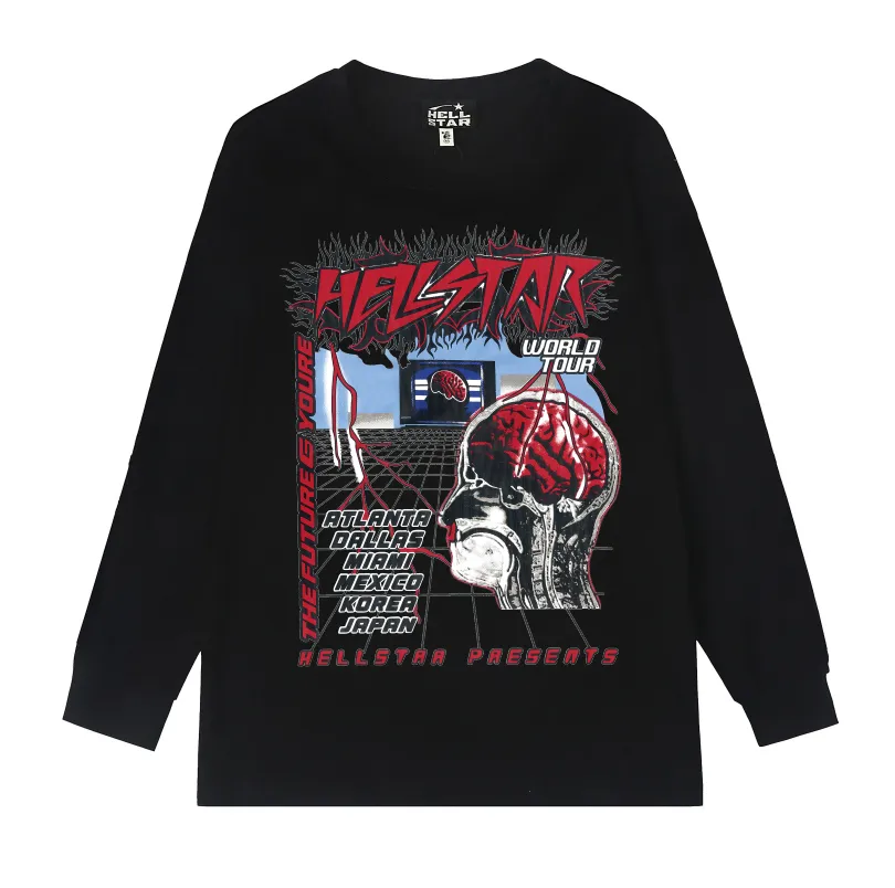 5527# P136 Hellstar Hellstar letter print lightning high street men and women hip-hop loose long-sleeved T-shirt Color: Black White Size: S M L XL