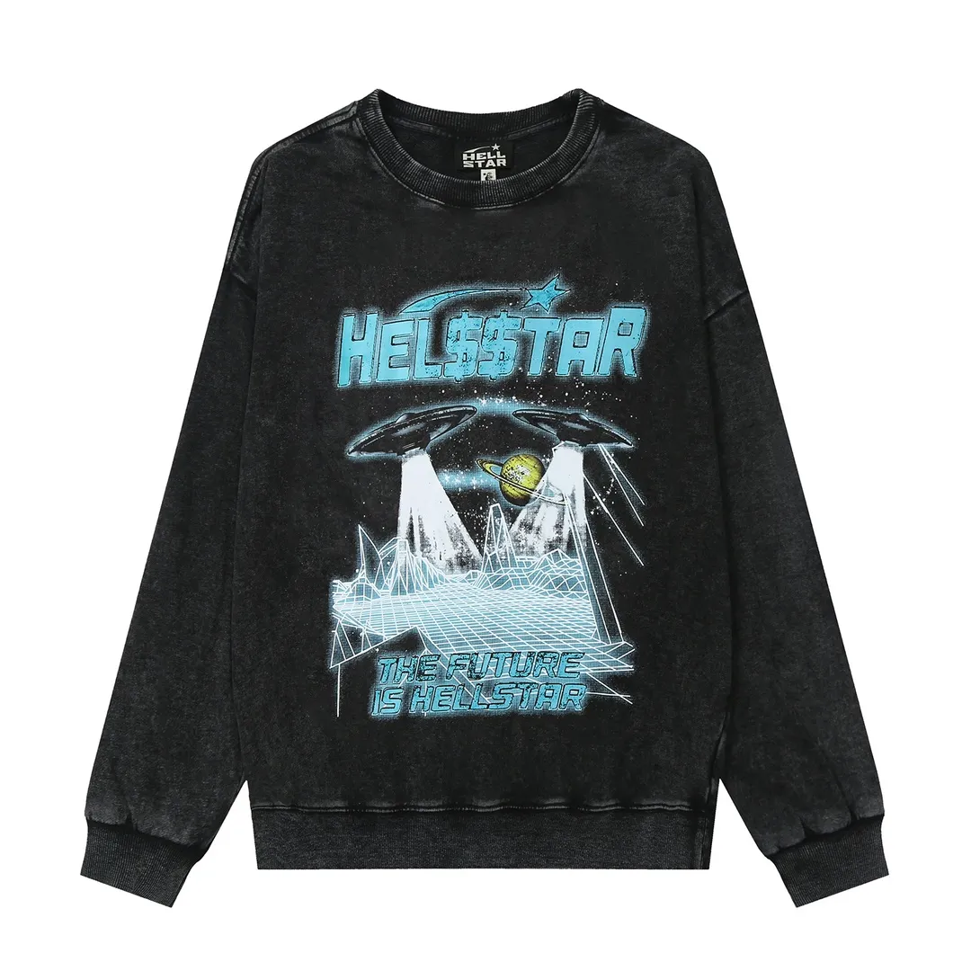2202# P176 Washed European and American trendy brand Hellstar Washed and distressed American men and women couples casual loose round neck pocketless pullover sweatshirt Color: Black Size: S M L XL