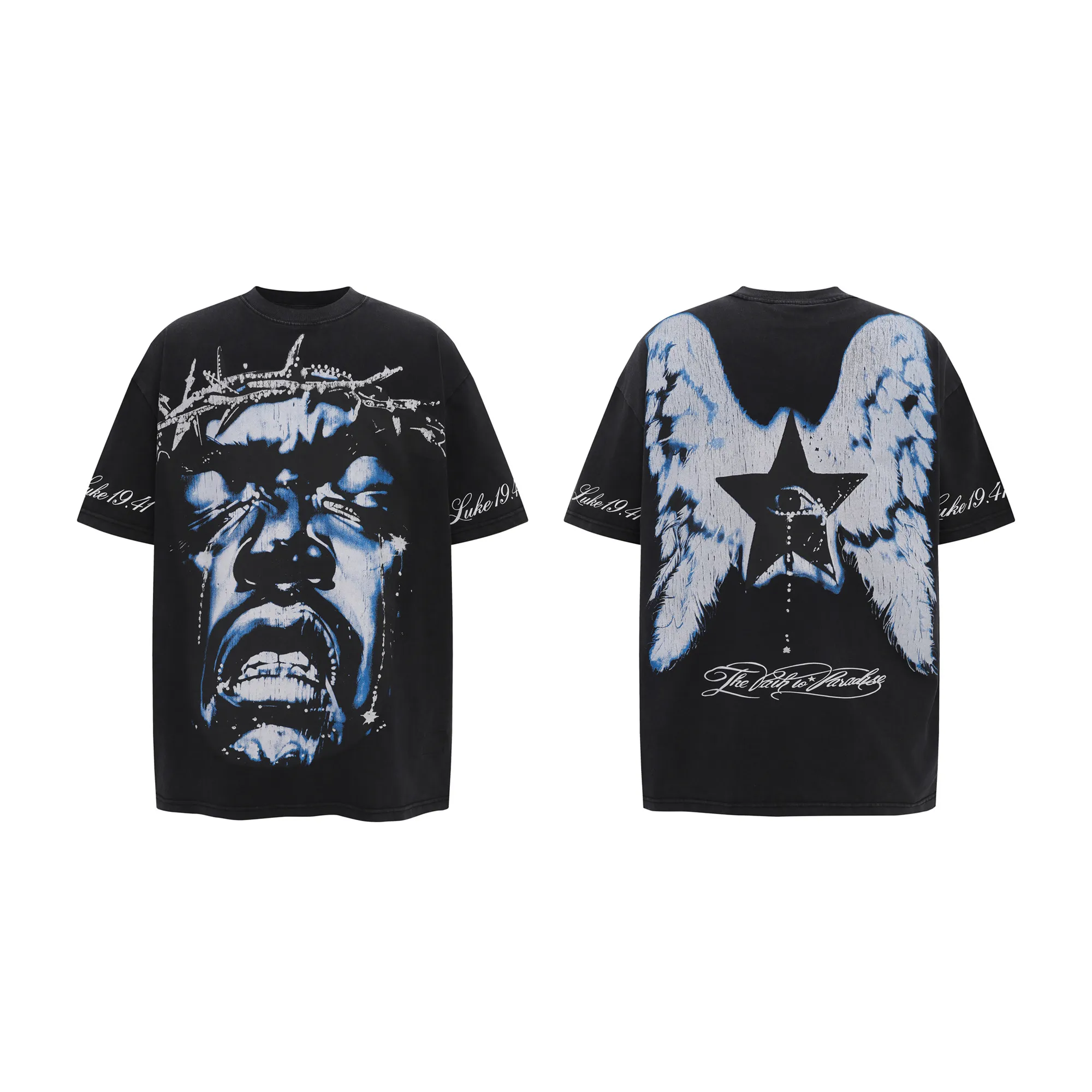 P126 HELLSTAR Angry Portrait Wings Printed American High Street Washed Short Sleeve T-Shirt The new hot beauty trend Hellstar!  Standard beauty and trendy workmanship, original customization (fabric, pattern, printing, hang tag, main mark, etc.), exaggerated style, explosive style, dare to break through tradition, bring adventurous new fashion experience!   YoungBoy, the most popular rapper in the youth circle, has shot a lot of models for him, and celebrities such as Dababy and Swae Lee frequently get dressed!  color: black Size: S, M, L, XL