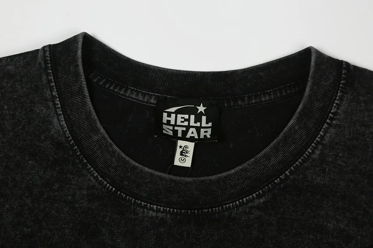 7731# P124 Washed Hellstar Hellstar ins same style retro printed tops for men and women, casual and trendy pure cotton washed short-sleeved T-shirt Color: Black Size: S M L XL