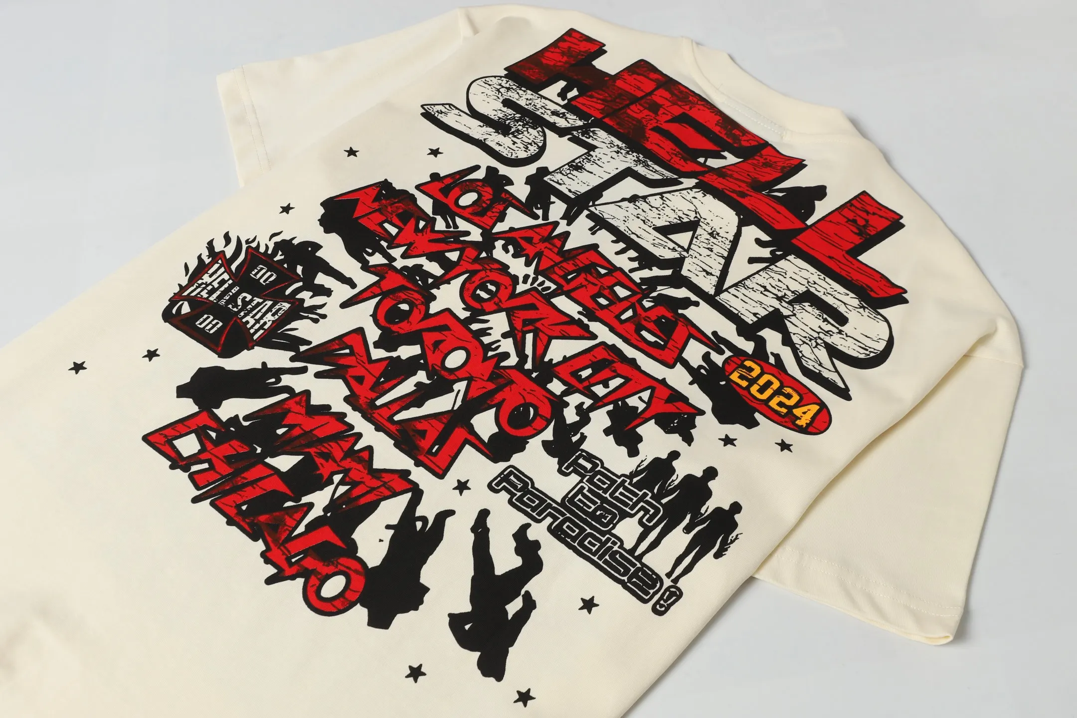 P108 Real-stock Hellstar cross-border European and American style, street fashion brand pure cotton T-shirt. Fabric: 32 counts of 240g combed double yarn pure cotton Size: S-M- L- X L Color: White: Apricot 👉 👉 👉