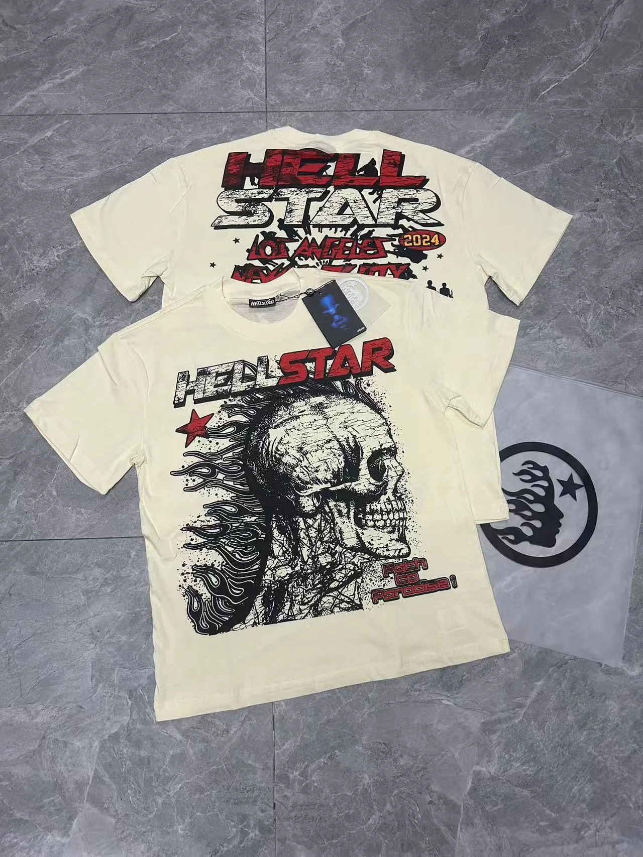 P108 Real-stock Hellstar cross-border European and American style, street fashion brand pure cotton T-shirt. Fabric: 32 counts of 240g combed double yarn pure cotton Size: S-M- L- X L Color: White: Apricot 👉 👉 👉