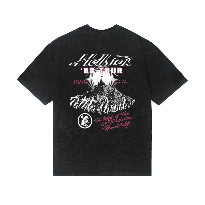 7735# P124 Washed Hellstar Hellstar ins same style retro printed tops for men and women, casual and trendy pure cotton washed short-sleeved T-shirt Color: Black Size: S M L XL