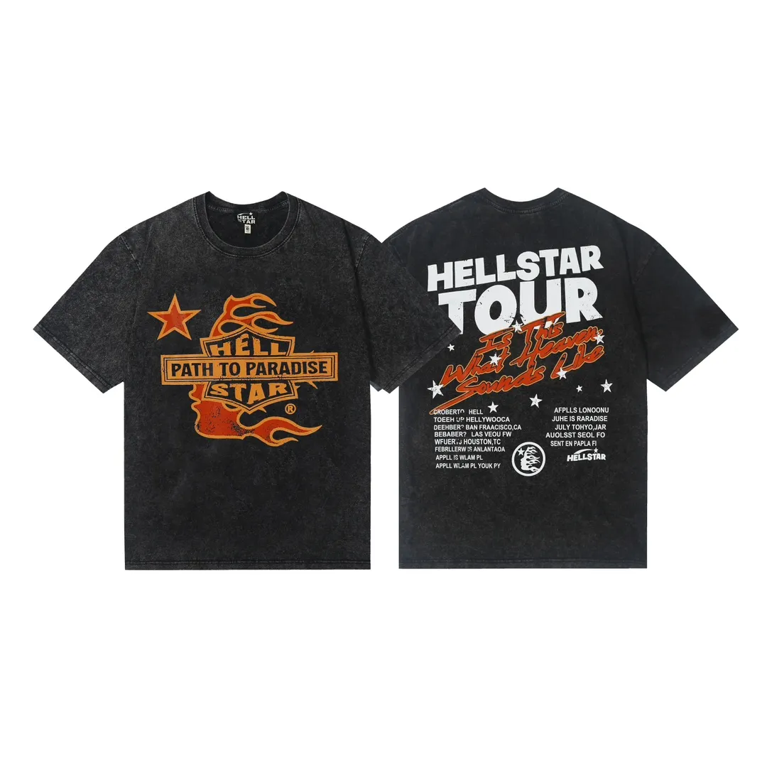 7716# P124 Washed Hellstar Hellstar ins same style retro printed tops for men and women, casual and trendy pure cotton washed short-sleeved T-shirt Color: Black Size: S M L XL