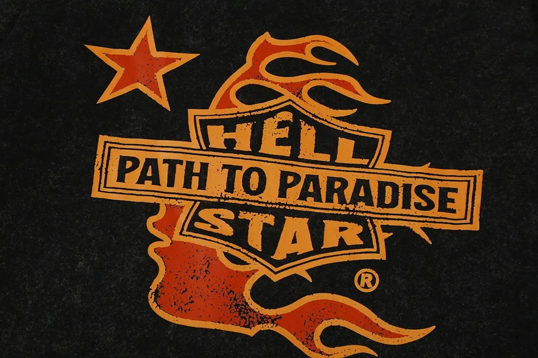 7716# P124 Washed Hellstar Hellstar ins same style retro printed tops for men and women, casual and trendy pure cotton washed short-sleeved T-shirt Color: Black Size: S M L XL