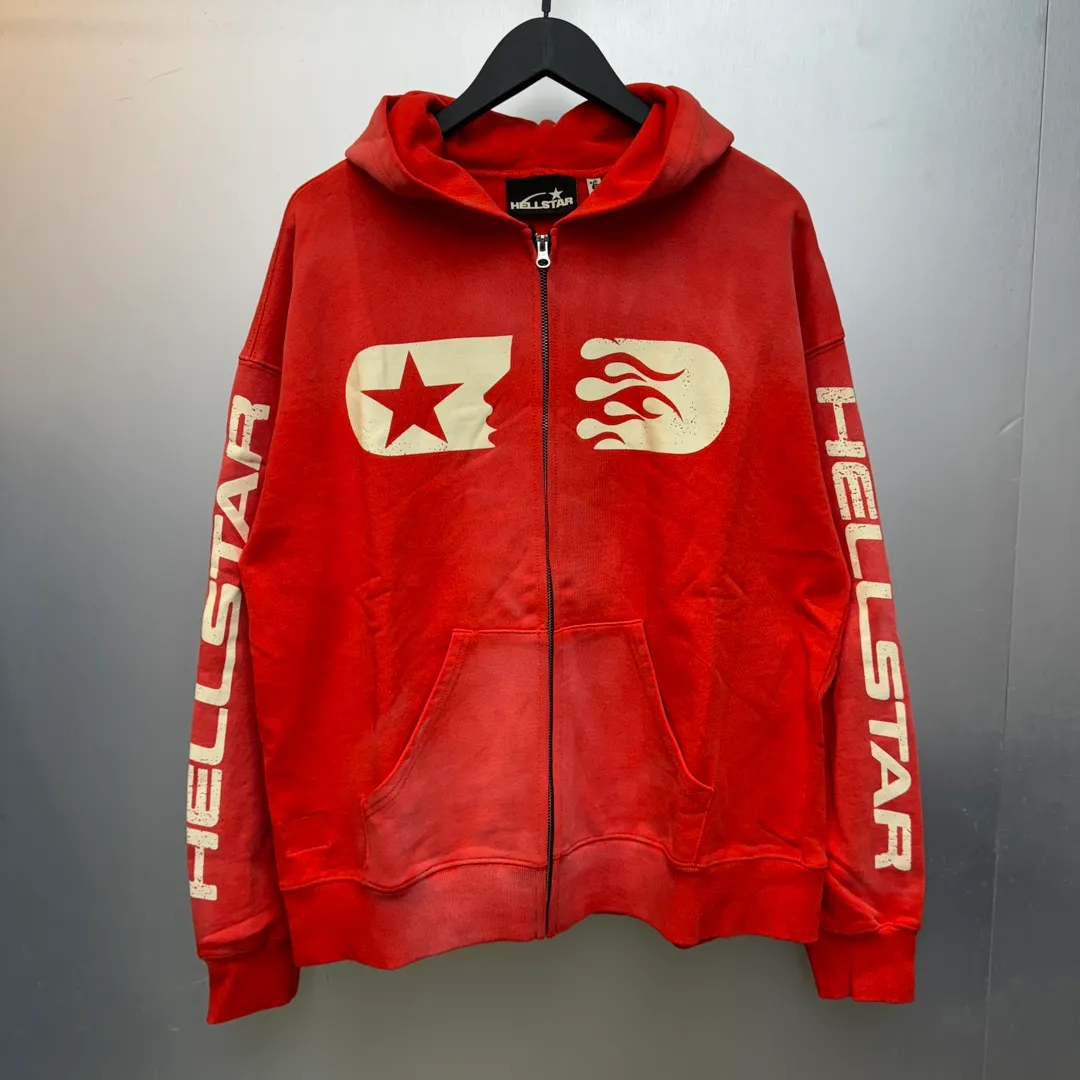 P240 HELLSTAR STUDIOS ZIP HOODIE Beauty and fashion washable water spray Ma Liu distressed hoodie sweatshirt jacket The new hot beauty trend Hellstar!  Standard beauty and trendy workmanship, original customization (fabric, pattern, printing, hang tag, main mark, etc.), exaggerated style, explosive style, dare to break through tradition, bring adventurous new fashion experience!   YoungBoy, the most popular rapper in the youth circle, has shot a lot of models for him, and celebrities such as Dababy and Swae Lee frequently get dressed!  color: RED Size: S, M, L, XL