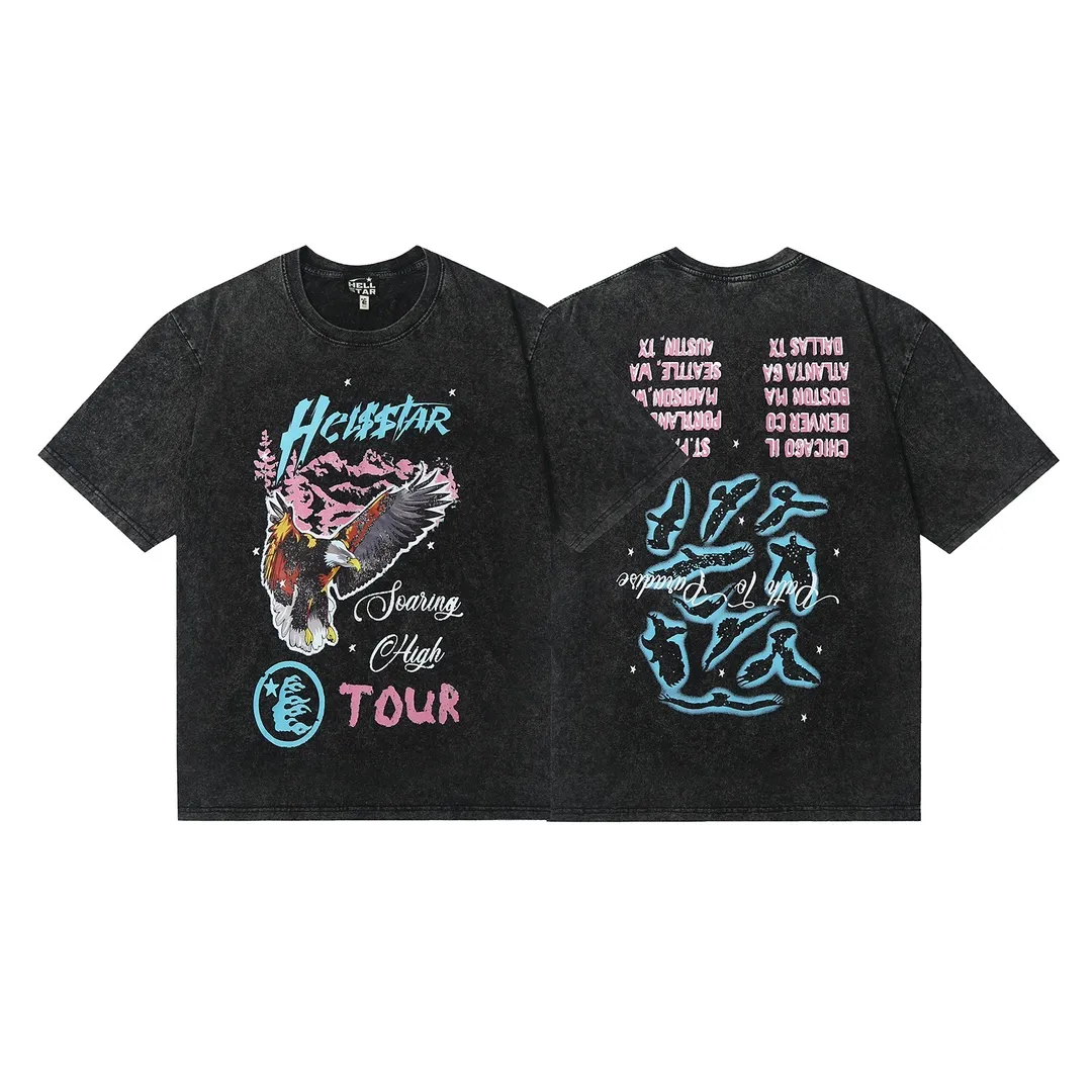 7706# P124 Washed Hellstar Hellstar ins same style retro printed tops for men and women, casual and trendy pure cotton washed short-sleeved T-shirt Color: Black Size: S M L XL