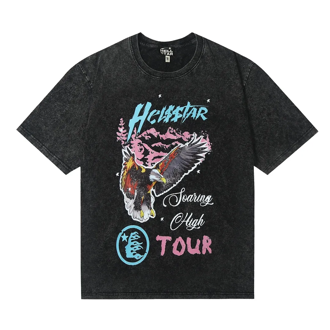 7706# P124 Washed Hellstar Hellstar ins same style retro printed tops for men and women, casual and trendy pure cotton washed short-sleeved T-shirt Color: Black Size: S M L XL