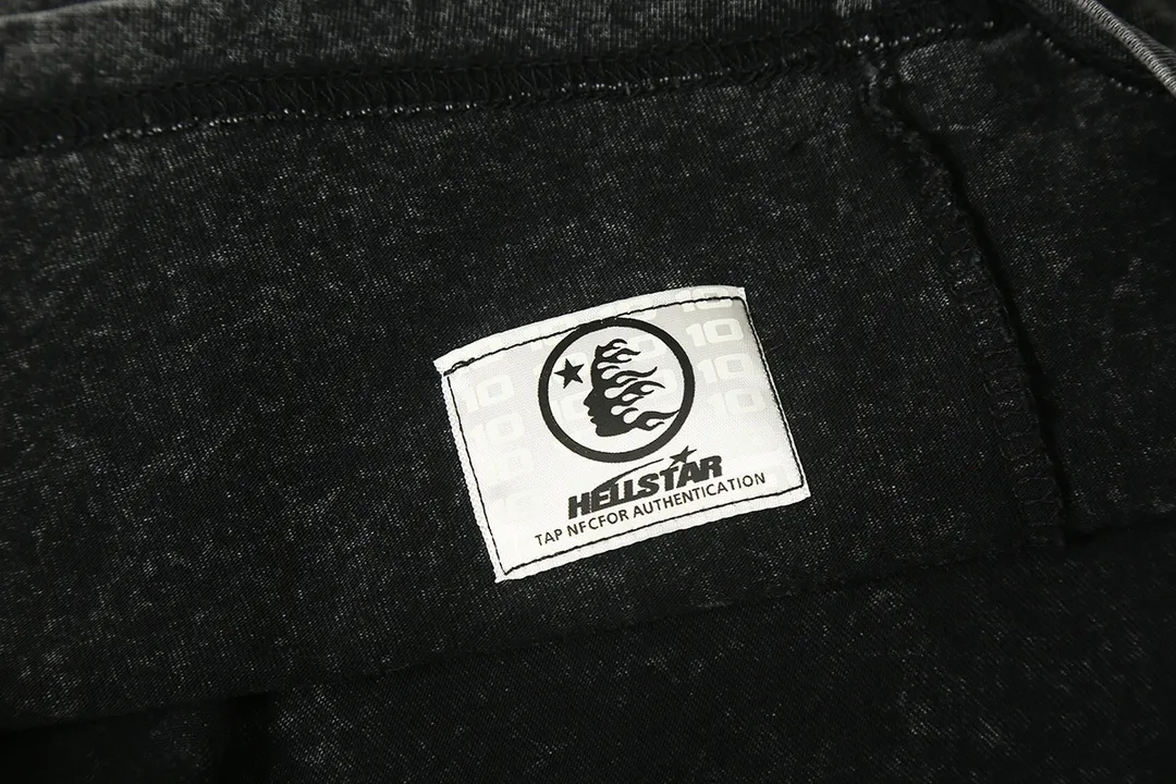 7706# P124 Washed Hellstar Hellstar ins same style retro printed tops for men and women, casual and trendy pure cotton washed short-sleeved T-shirt Color: Black Size: S M L XL