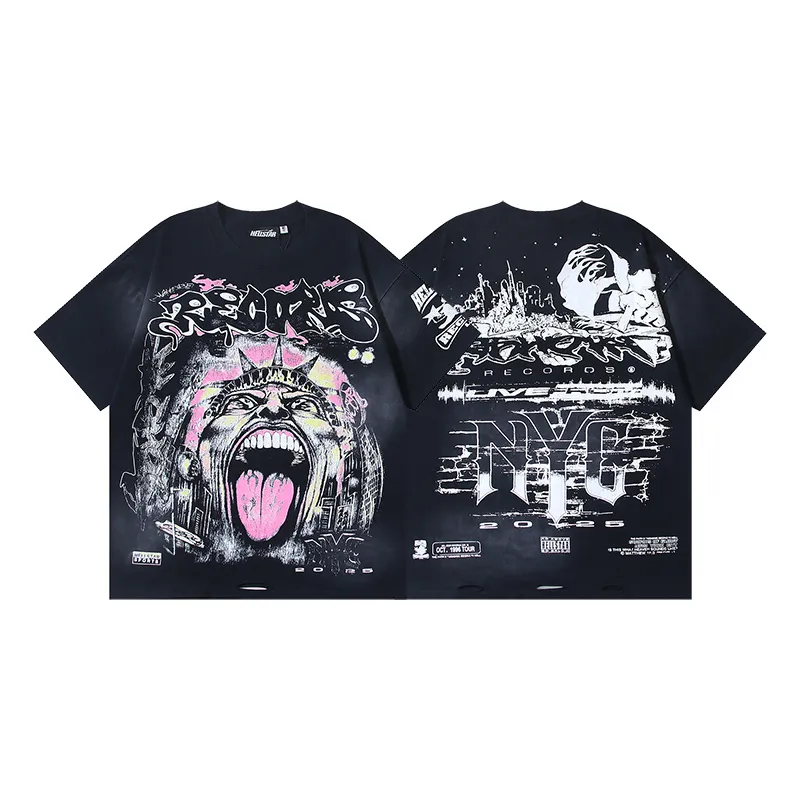 P134 Washed black + worn Real shot Hellstar Washed and worn fashionable printed short-sleeved T-shirt Fabric: 250g 32 count fine cotton double yarn pure cotton Color: Washed black Size: S M L XL