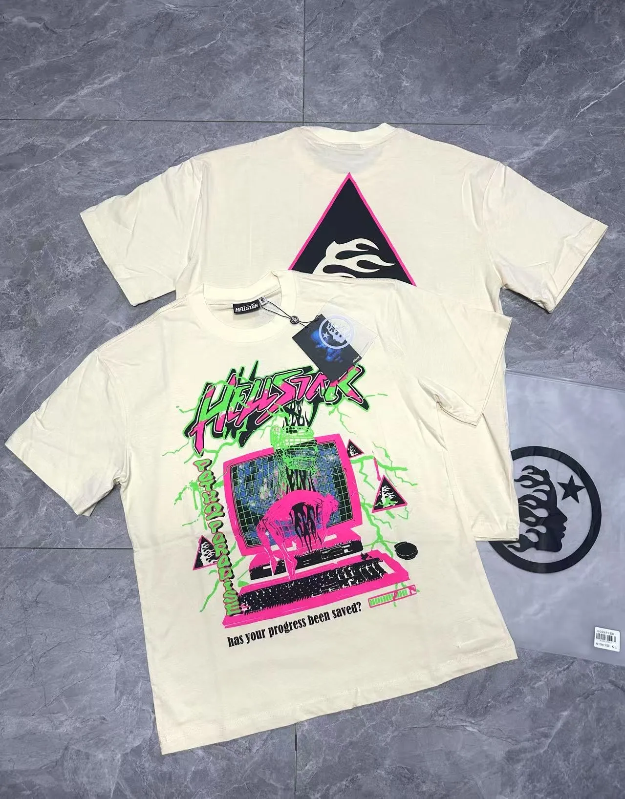 P108 Real-stock Hellstar cross-border European and American style, street fashion brand pure cotton T-shirt Fabric (fabric): 32 counts of 240g heavy combed double yarn pure cotton Size (size): S-M- L- X L Color (colour): white/apricot 👉 👉