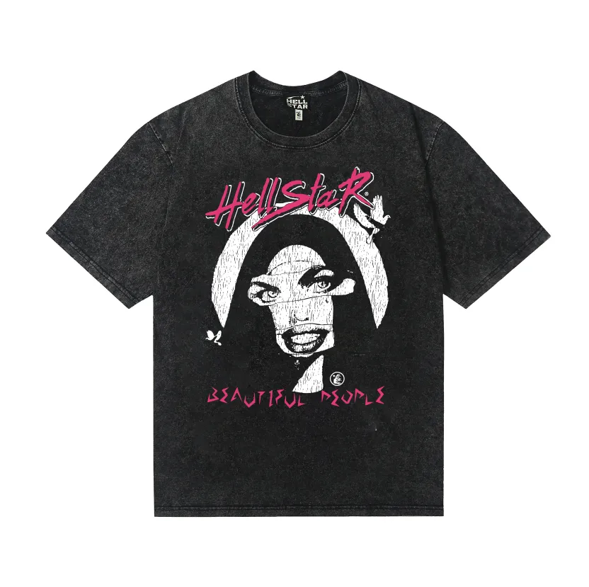 7732# P124 Washed Hellstar Hellstar ins same style retro printed tops for men and women, casual and trendy pure cotton washed short-sleeved T-shirt Color: Black Size: S M L XL