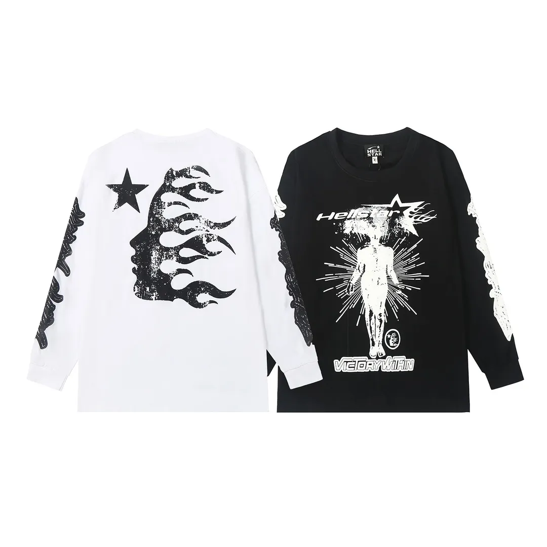 5503# P136 ins The same European and American trendy Hell Star letter print lightning high street men and women hip-hop loose long-sleeved T-shirt Color: White Black Size: S M L XL