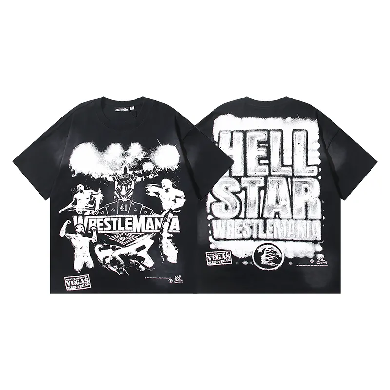 P126 6751#washed black Real shot Hellstar washed retro beauty trend printed short-sleeved T-shirt Fabric: 250g 32 count fine cotton double yarn pure cotton Color: washed black Size: S M L XL