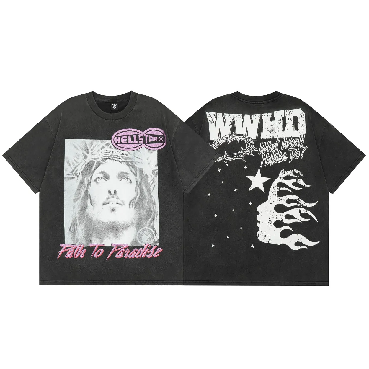 P126 Hellstar WWHD GOD Tshirt Hellstar washed and distressed short-sleeved T-shirt The new hot beauty trend Hellstar!  Standard beauty and trendy workmanship, original customization (fabric pattern, printing, hangtag, main mark, etc.), exaggerated painting style, explosive style, dare to break through tradition, bring adventurous new fashion experience!  YoungBoy, the most popular rapper in the youth circle, has shot a lot of models for him, and celebrities such as Dababy and Swae Lee frequently get dressed!  color: Vintage Black (washed black) size: S, M, L, XL