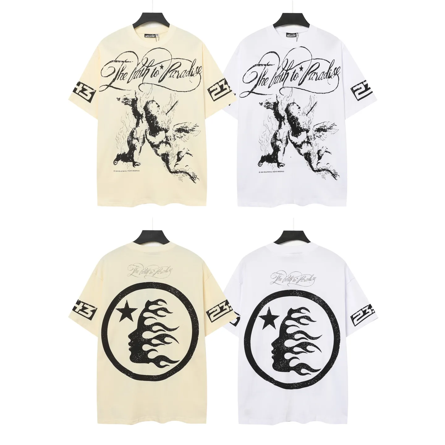 P108 Real-stock Hellstar Cross-border European and American style, street fashion brand pure cotton T-shirt Fabric (fabric): 32 counts of 240g heavy combed yarn pure cotton Size (size): S-M- L- X L Color (colour): apricot/white