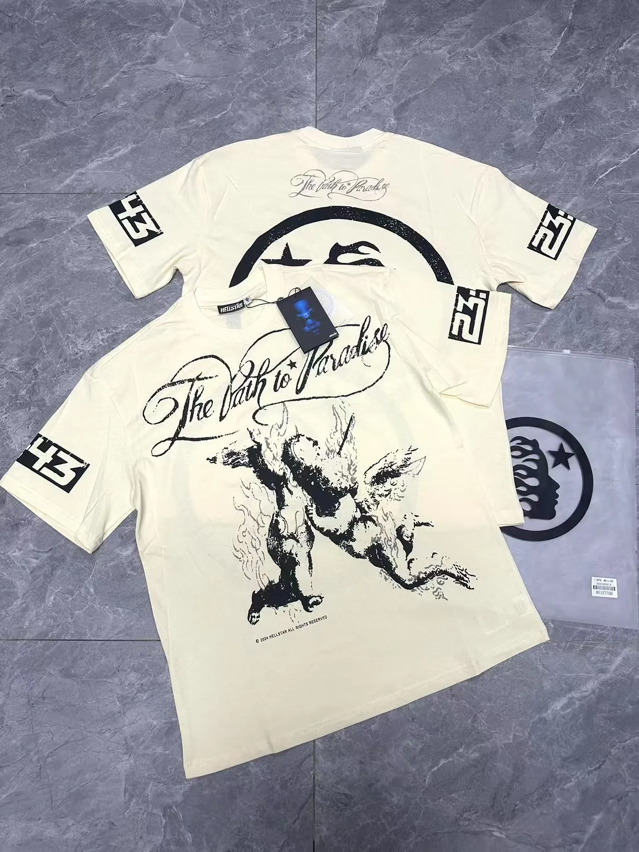 P108 Real-stock Hellstar Cross-border European and American style, street fashion brand pure cotton T-shirt Fabric (fabric): 32 counts of 240g heavy combed yarn pure cotton Size (size): S-M- L- X L Color (colour): apricot/white