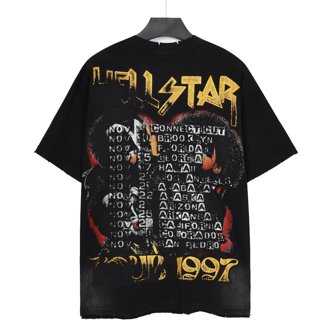 P134 Hellstar/Hellstar (actual shot) Craftsmanship: Washed and sprayed + holes + the whole piece washed and frayed Cross-border European and American style street brand pure cotton T-shirt Fabric (fabric): 32 pieces of 250g washed combed double yarn pure cotton Size (size): S-M- L- X L Color (colour): washed black/washed gray 👉