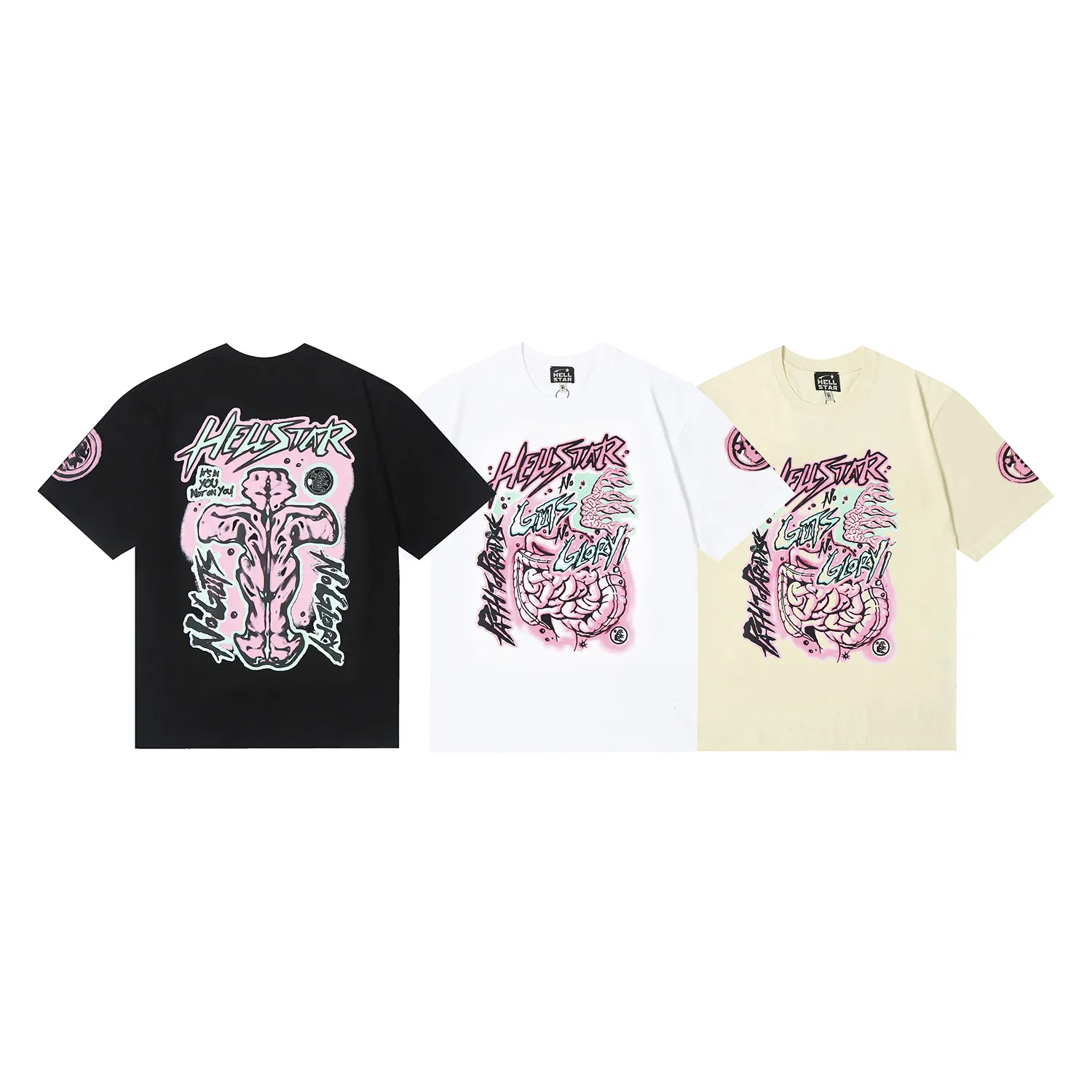 6626# P116 Hellstar American fashion high street pure cotton loose short-sleeved T-shirt Color: White Black Apricot Code Number: S M L XL