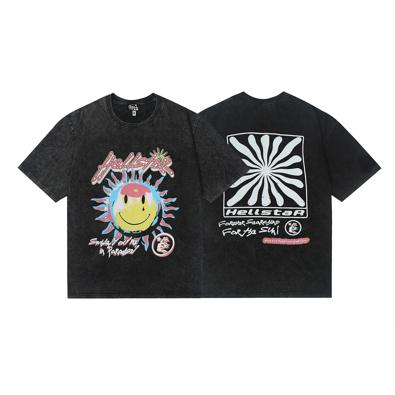 7722# P124 Washed Hellstar Hellstar ins same style retro printed tops for men and women, casual and trendy pure cotton washed short-sleeved T-shirt Color: Black Size: S M L XL