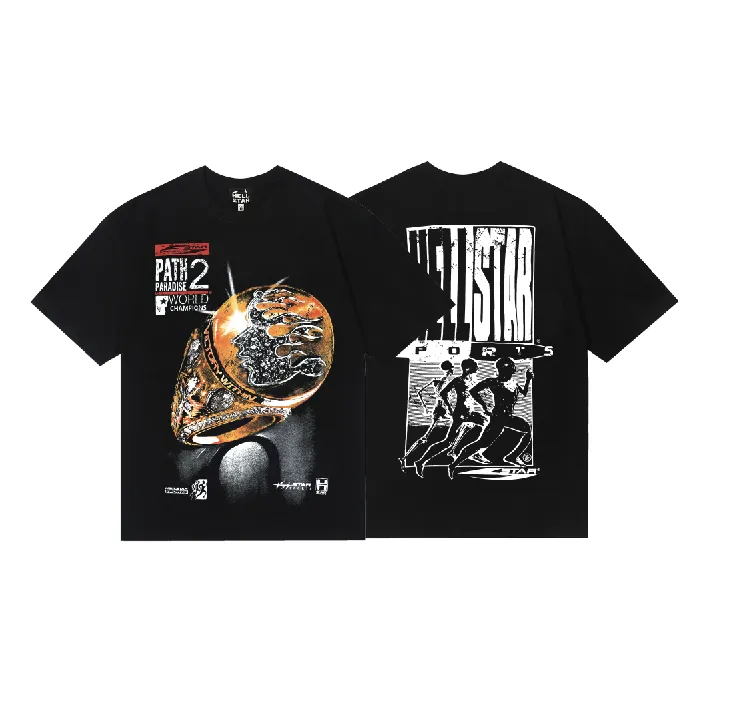 6789# P116 Hellstar Wrestler portrait letter print combed cotton men and women short-sleeved couple T-shirt Color: Black Size: S M L XL