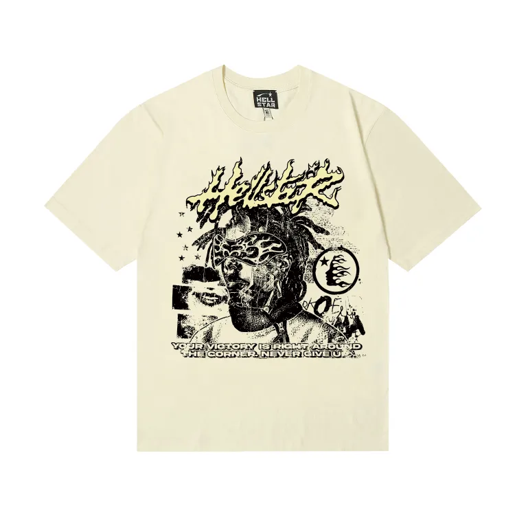6758# P116 Hellstar American fashion high street pure cotton loose short-sleeved T-shirt Color: White Apricot Code Number: S M L XL